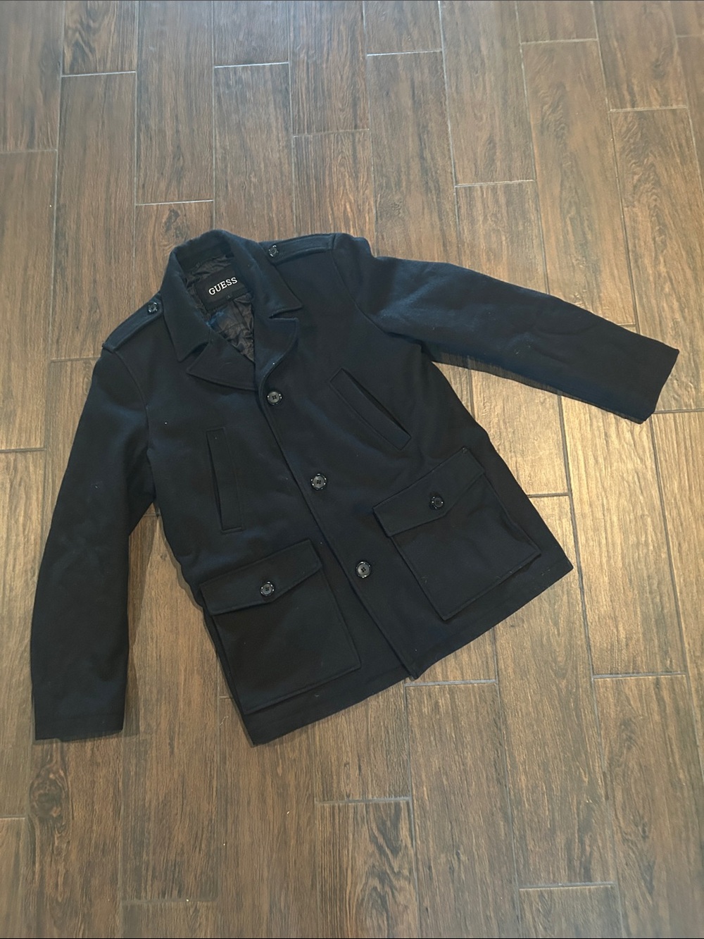 GUESS Black Wool-Blend Pea Coat with Button Front